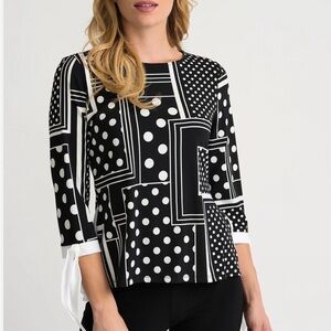 Joseph Ribkoff Black & White Polka Dot Lines Patterned 3/4 Sleeve Blouse Size 12